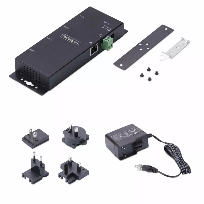 StarTech.com 4-Portu seriālais uz Ethernet adapteris, IP seriālās ierīces serveris attālinātām RS232 ierīcēm, sienas/DIN sliedes montāžai, metāla korpuss, RJ45 LAN uz DB9 seriālo pārveidotāju