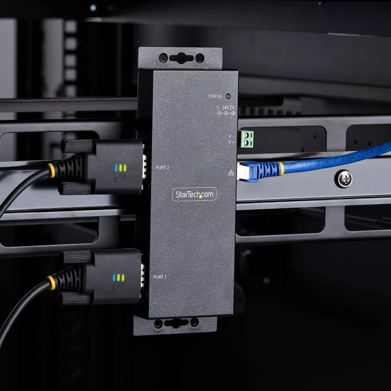 StarTech.com 2-portu seriālais uz Ethernet adapteris, IP seriālās ierīces serveris attālinātām RS232 ierīcēm, sienas/DIN sliedes montāža, metāla korpuss, RJ45 LAN uz DB9 seriālo pārveidotājs