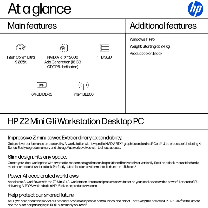 HP Z2 Mini G1i A40LQET mākslīgā intelekta darbstacija, Intel Core Ultra 9 285K, 64 GB RAM, 1 TB SSD, NVIDIA RTX 2000 Ada 16 GB, Wi-Fi 7, Windows 11 Pro