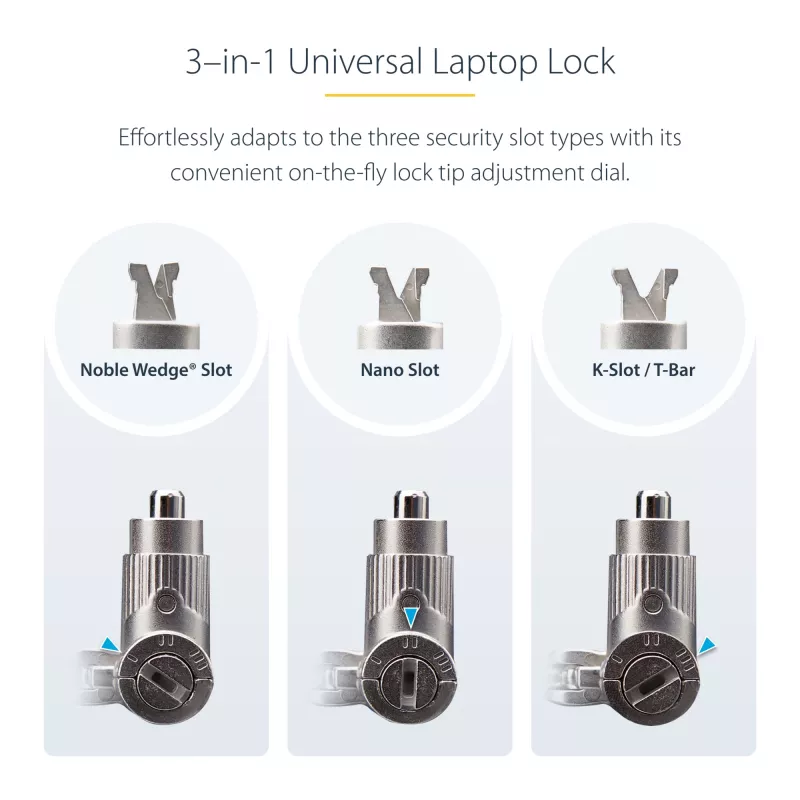 StarTech.com Universāla klēpjdatora bloķēšanas trosīte 2m, saderīga ar Noble Wedge/Nano/K-Slot, atslēgas bloķēšana, pretzagšanas oglekļa tērauda trosīte