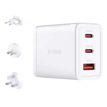 AC iekštelpu lādētājs D-Link DCP-651 — 65 W GaN, 2x USB‑C, Universāla saderība, 90–264 V, Balts