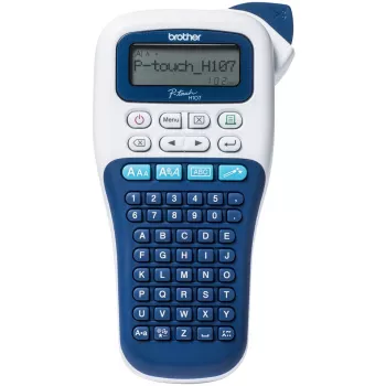 Etiķešu printeris Brother PT-H107B — termopārnese, 180×180 DPI, 20 mm/s, TZe lentes 3.5/6/9/12 mm, LCD, AAA baterija