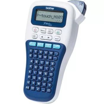 Etiķešu printeris Brother PT-H107B — termopārnese, 180×180 DPI, 20 mm/s, TZe lentes 3.5/6/9/12 mm, LCD, AAA baterija