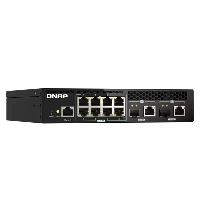 QNAP QSW-M2108R-2C pārvaldāms L2 tīkla slēdzis, 8 x 2,5GbE + 2 x 10GbE SFP+/RJ-45 kombinētie porti, pusplatuma, piemērots statnei