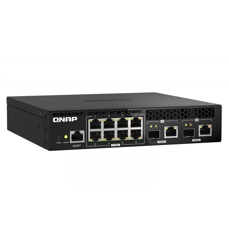 QNAP QSW-M2108R-2C pārvaldāms L2 tīkla slēdzis, 8 x 2,5GbE + 2 x 10GbE SFP+/RJ-45 kombinētie porti, pusplatuma, piemērots statnei