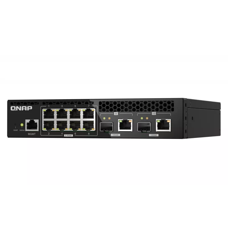 QNAP QSW-M2108R-2C pārvaldāms L2 tīkla slēdzis, 8 x 2,5GbE + 2 x 10GbE SFP+/RJ-45 kombinētie porti, pusplatuma, piemērots statnei