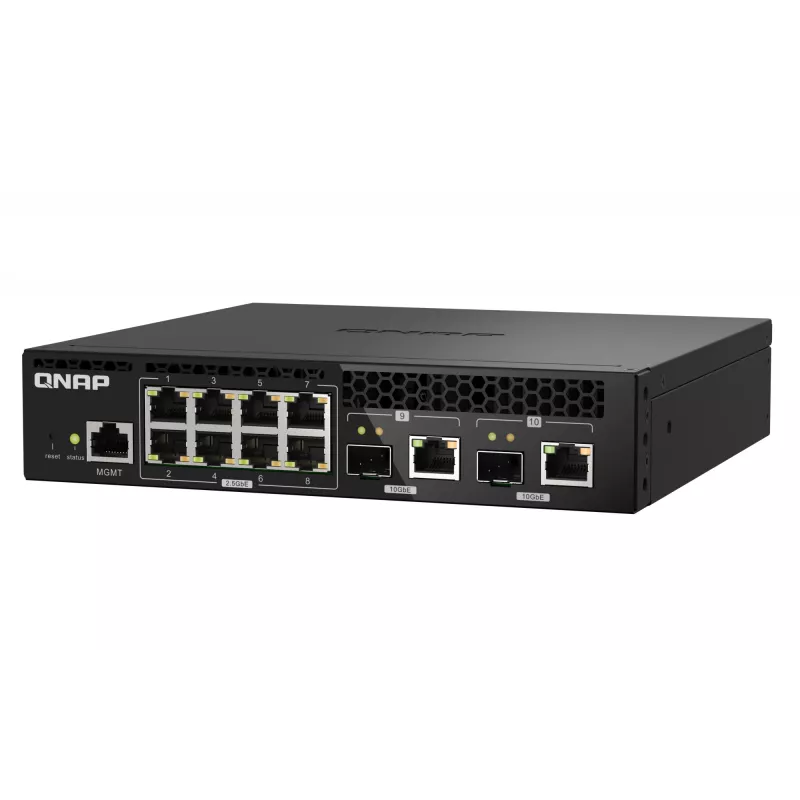 QNAP QSW-M2108R-2C pārvaldāms L2 tīkla slēdzis, 8 x 2,5GbE + 2 x 10GbE SFP+/RJ-45 kombinētie porti, pusplatuma, piemērots statnei