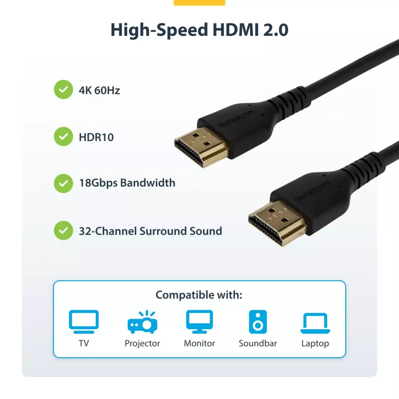 StarTech.com 1,5 m plāns HDMI 2.0 kabelis ar Ethernet, elastīgs Premium sertificēts, 4K 60Hz HDR10, aramīda šķiedra, TPE apvalks