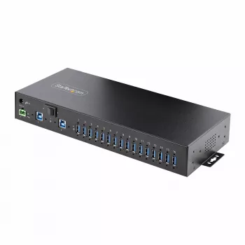 StarTech.com 16-Portu industriālais USB 5Gbps centrmezgls ar barošanas adapteri, metāla korpuss, montējams, ESD aizsardzība, spaiļu bloka barošana, USB uzlāde, divu resursdatoru slēdzis - TAA