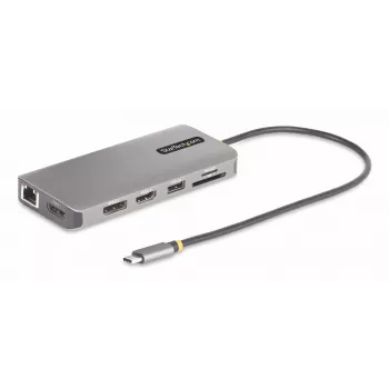 StarTech.com USB-C trīs monitoru daudzportu adapteris, divi 4K 60Hz + 4K 30Hz HDMI un DisplayPort, 4 portu USB centrmezgls, 100W PD caurlaide, GbE, SD/MicroSD karšu lasītāji