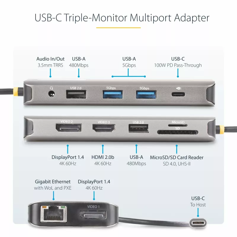 StarTech.com USB-C trīs monitoru daudzportu adapteris, divi 4K 60Hz + 4K 30Hz HDMI un DisplayPort, 4 portu USB centrmezgls, 100W PD caurlaide, GbE, SD/MicroSD karšu lasītāji