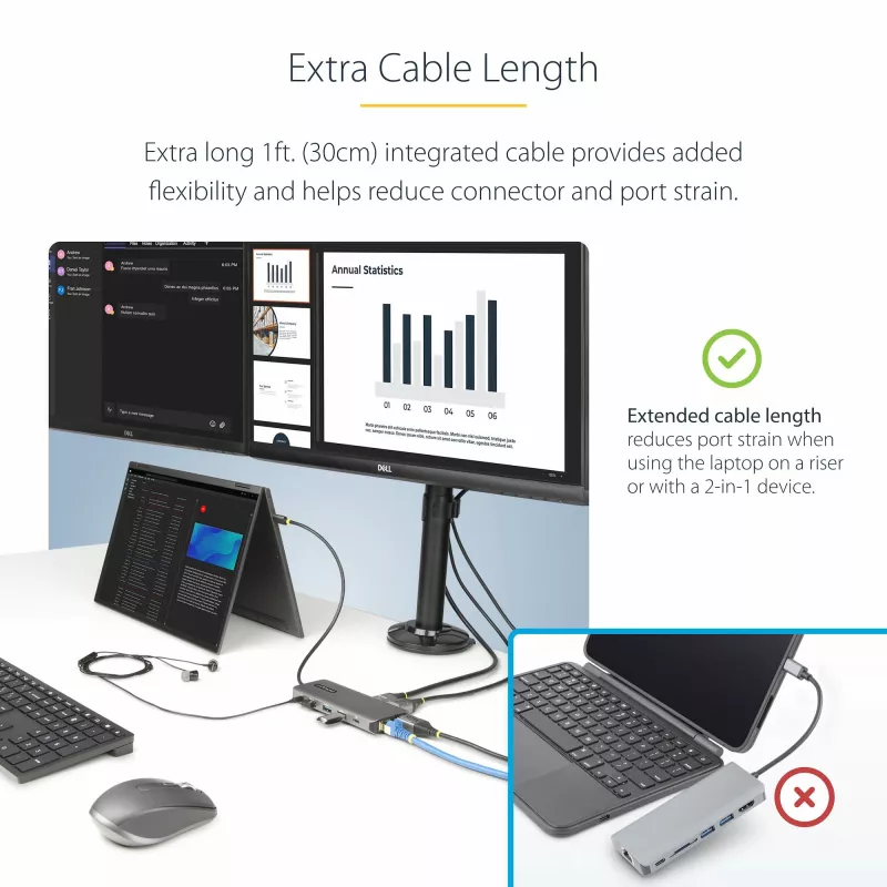 StarTech.com USB-C trīs monitoru daudzportu adapteris, divi 4K 60Hz + 4K 30Hz HDMI un DisplayPort, 4 portu USB centrmezgls, 100W PD caurlaide, GbE, SD/MicroSD karšu lasītāji