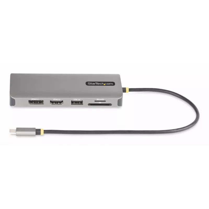StarTech.com USB-C trīs monitoru daudzportu adapteris, divi 4K 60Hz + 4K 30Hz HDMI un DisplayPort, 4 portu USB centrmezgls, 100W PD caurlaide, GbE, SD/MicroSD karšu lasītāji