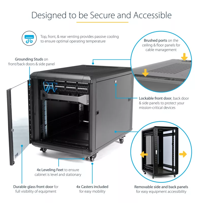 StarTech.com 4-Post 12U Server Rack Cabinet, Lockable 19 inch Data Rack Cabinet for Computer / AV / IT Equipment, Office / Home Network Rack with Casters & Adjustable Mounting Rails