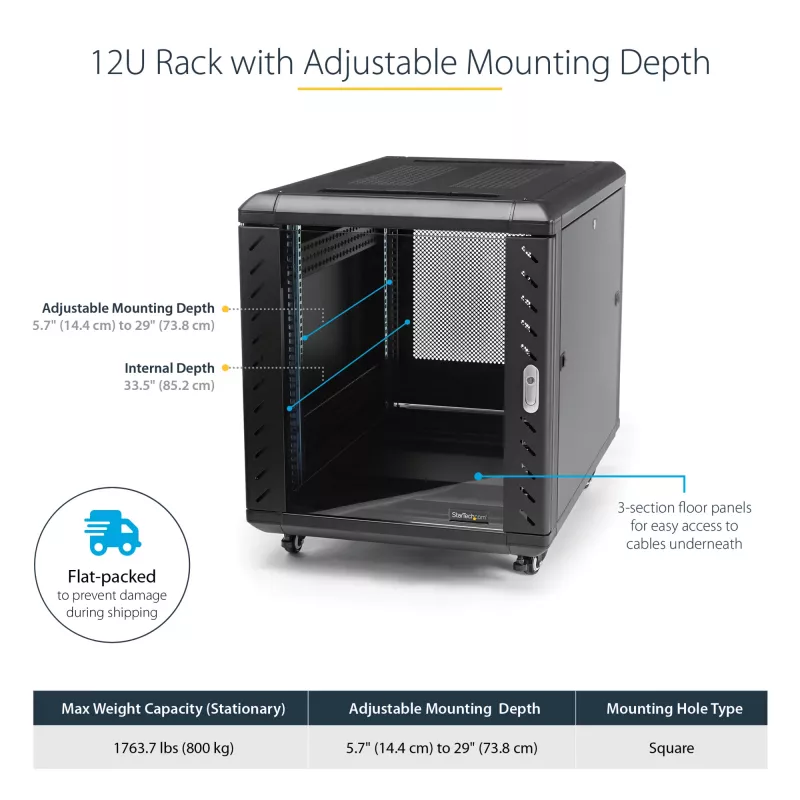 StarTech.com 4-Post 12U Server Rack Cabinet, Lockable 19 inch Data Rack Cabinet for Computer / AV / IT Equipment, Office / Home Network Rack with Casters & Adjustable Mounting Rails