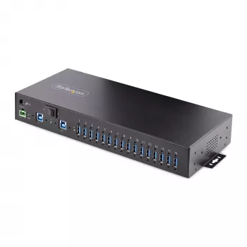 StarTech.com 16-Portu rūpnieciskais USB 3.0 centrmezgls 5Gbps, metāls, DIN/virsmas/statīva montāža, ESD aizsardzība, spaiļu bloka barošana, līdz 120W kopējā USB uzlāde, divu saimniekdatoru centrmezgls/pārslēgs