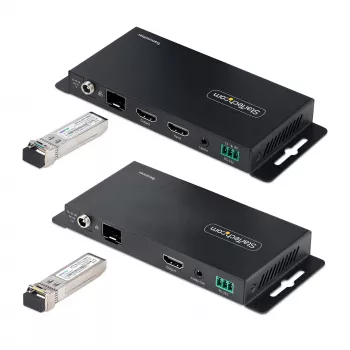 StarTech.com 4K HDMI pārraides komplekts pa optisko šķiedru, 4K 60Hz līdz 3300 pēdām (1 km) vienmoda vai 1000 pēdām (300 m) daudzmoda LC šķiedra, HDR, HDCP, 3.5 mm audio/RS232/IR pagarinātājs, raidītājs un uztvērējs