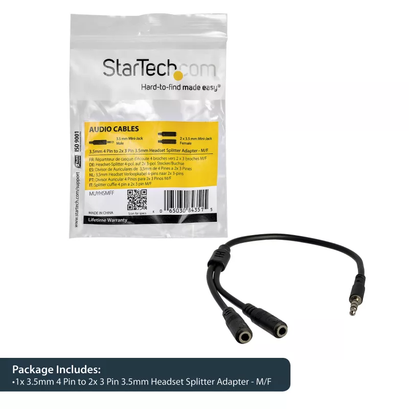 StarTech.com Galvas austiņu adapteris austiņām ar atsevišķām austiņu/mikrofona ligzdām - 3.5mm 4 pozīciju uz 2x 3 pozīciju 3.5mm vīriešu/sieviešu