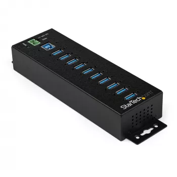 StarTech.com 10-Portu USB 3.0 Hubs ar Barošanas Adapteri - Metāla Industriālais USB-A Hubs ar ESD un 350W Pārsprieguma Aizsardzību - DIN/Siena/Galda Montējams - Ātrgaitas USB 3.2 Gen 1 (5Gbps) Hubs
