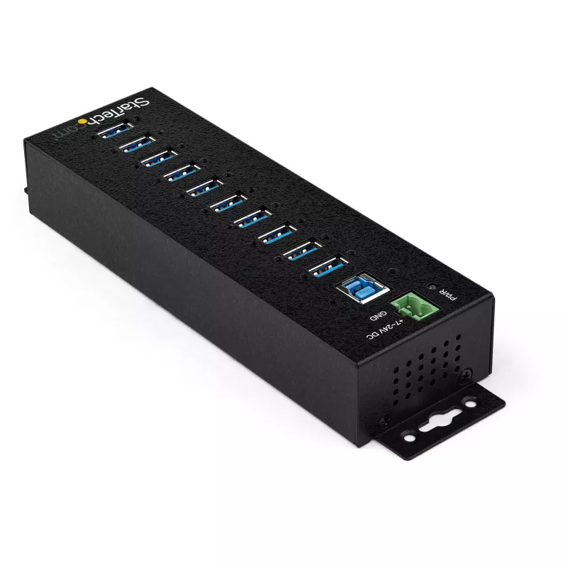 StarTech.com 10-Portu USB 3.0 Hubs ar Barošanas Adapteri - Metāla Industriālais USB-A Hubs ar ESD un 350W Pārsprieguma Aizsardzību - DIN/Siena/Galda Montējams - Ātrgaitas USB 3.2 Gen 1 (5Gbps) Hubs