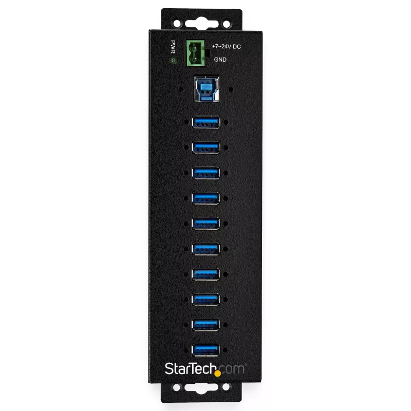 StarTech.com 10-Portu USB 3.0 Hubs ar Barošanas Adapteri - Metāla Industriālais USB-A Hubs ar ESD un 350W Pārsprieguma Aizsardzību - DIN/Siena/Galda Montējams - Ātrgaitas USB 3.2 Gen 1 (5Gbps) Hubs