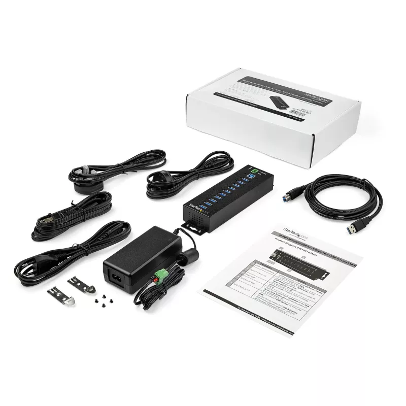 StarTech.com 10-Portu USB 3.0 Hubs ar Barošanas Adapteri - Metāla Industriālais USB-A Hubs ar ESD un 350W Pārsprieguma Aizsardzību - DIN/Siena/Galda Montējams - Ātrgaitas USB 3.2 Gen 1 (5Gbps) Hubs