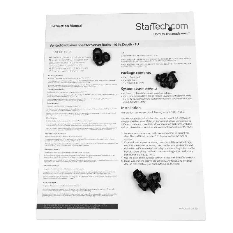 StarTech.com 1U servera plaukta plaukts - universāla ventilējama kronšteina paplāte 19 collu tīkla iekārtu statīvam un skapim - smagās slodzes tērauds - svara ietilpība 20 kg - 10 collu dziļš plaukts, melns
