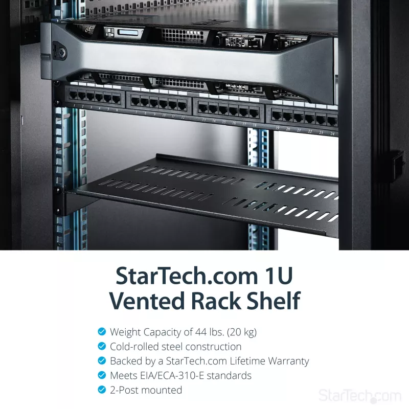StarTech.com 1U servera plaukta plaukts - universāla ventilējama kronšteina paplāte 19 collu tīkla iekārtu statīvam un skapim - smagās slodzes tērauds - svara ietilpība 20 kg - 10 collu dziļš plaukts, melns