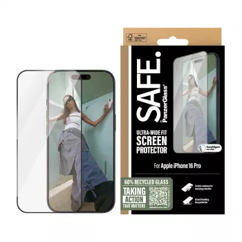 PanzerGlass SAFE. Ekrāna aizsargs ar melnu rāmi iPhone 16 Pro | Ultra-Wide Fit