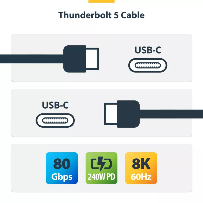 StarTech.com Thunderbolt 5 kabelis, 80cm, 80Gbps/līdz 120Gbps, 240W PD, 8K 60Hz, sertificēts, saderīgs ar Thunderbolt 4/USB4/USB-C