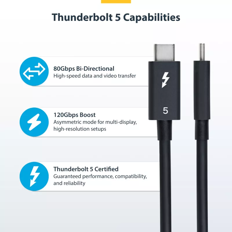 StarTech.com Thunderbolt 5 kabelis, 80cm, 80Gbps/līdz 120Gbps, 240W PD, 8K 60Hz, sertificēts, saderīgs ar Thunderbolt 4/USB4/USB-C
