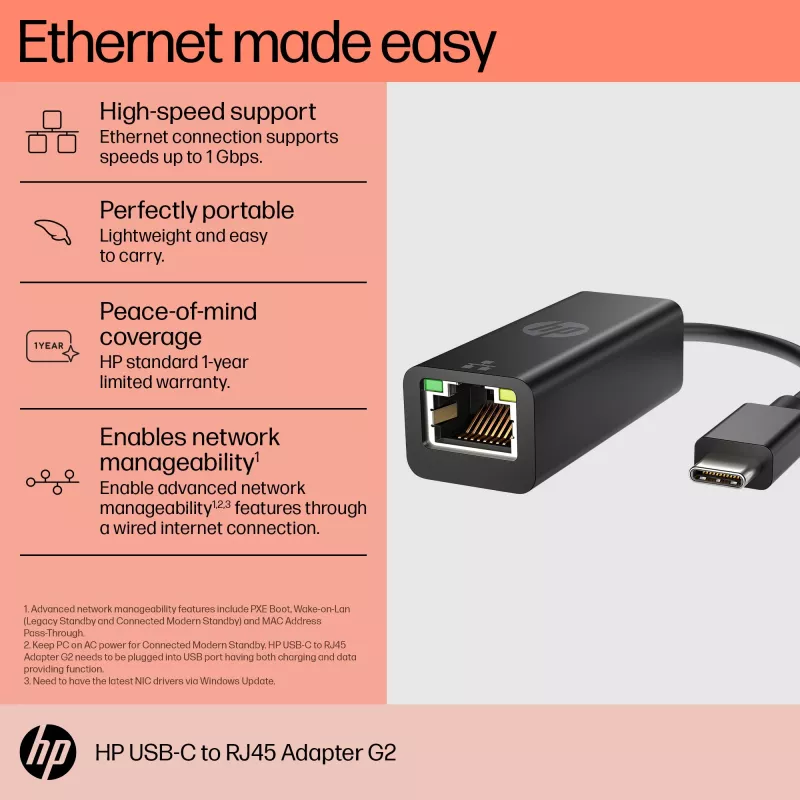 HP USB-C uz RJ45 Adapteris G2, vadu, USB Type-C, melns