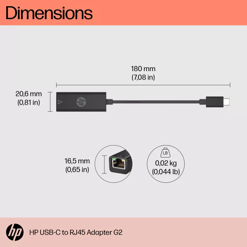 HP USB-C uz RJ45 Adapteris G2, vadu, USB Type-C, melns