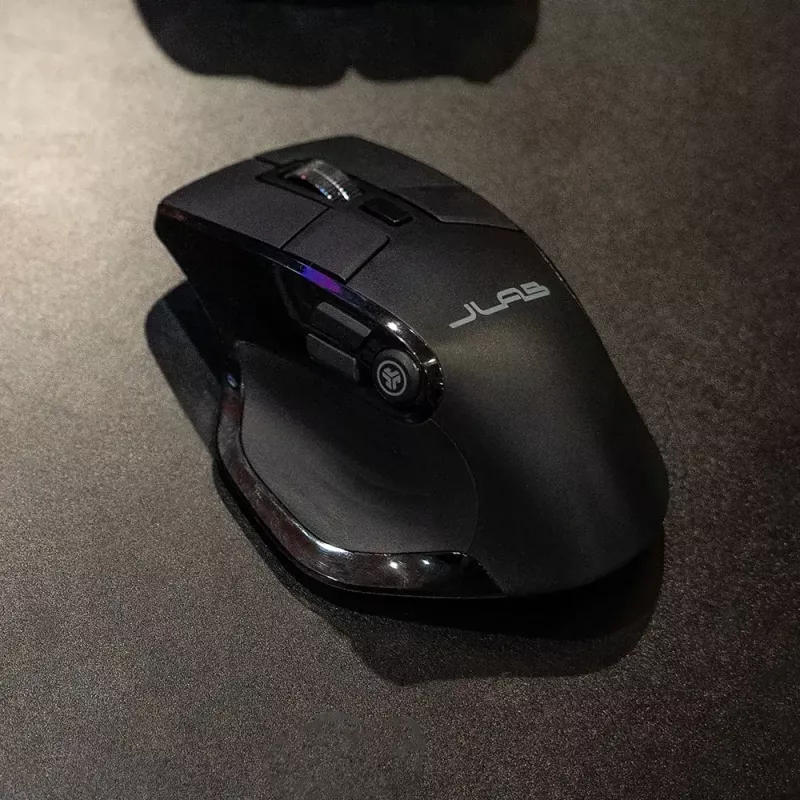 JLab Audio Epic Office bezvadu pele labajai rokai — Bluetooth + USB Type-A, optiskā 2400 DPI, 9 pogas, ritenītis, melna