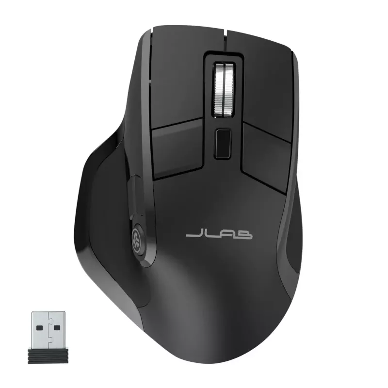 JLab Audio Epic Office bezvadu pele labajai rokai — Bluetooth + USB Type-A, optiskā 2400 DPI, 9 pogas, ritenītis, melna