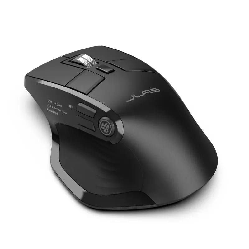 JLab Audio Epic Office bezvadu pele labajai rokai — Bluetooth + USB Type-A, optiskā 2400 DPI, 9 pogas, ritenītis, melna