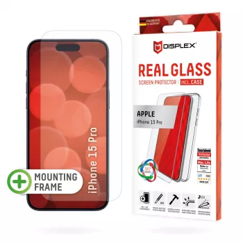 Displex ekrāna aizsargstikls + maciņš Apple iPhone 15 Pro, EASY-ON® Eco montāžas rāmis, pret skrāpējumiem