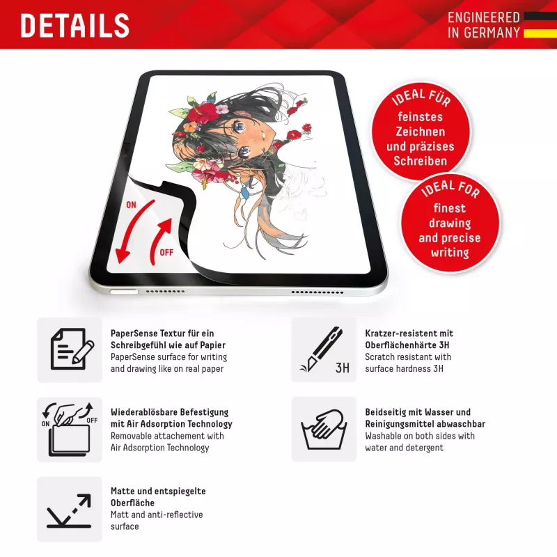 Displex TABLET PAPERSENSE iPad 10,9 inch(10.)/11 inch (2025)/Air 11 inch(2024/2025), noņemama rakstīšanas vai zīmēšanas plēve ar papīra sajūtu