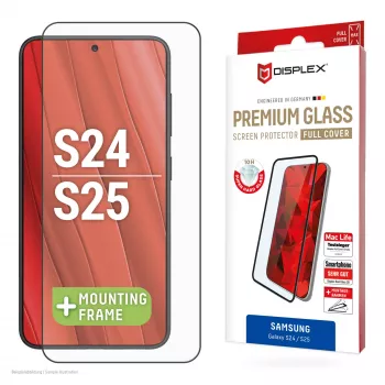 Displex Full Cover ekrāna aizsargstikls (10H) Samsung Galaxy S24/S25, EASY-ON® Eco montāžas rāmis, pilns pārklājums