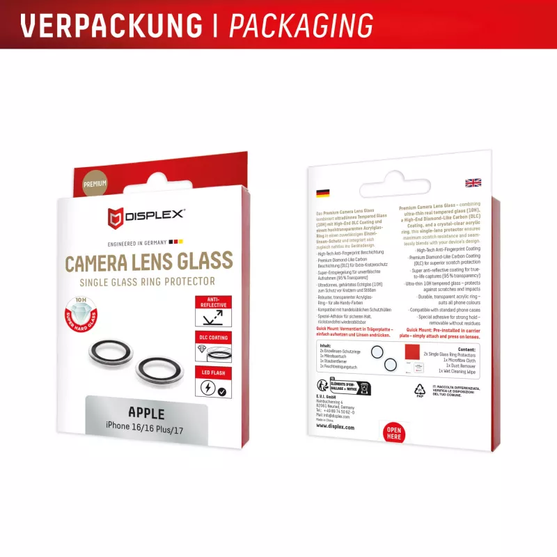 Displex Premium Camera Lens Glass, iPhone 16/16 Plus/17, 10H, Single Rings, DLC, caurspīdīgs, Quick Mount