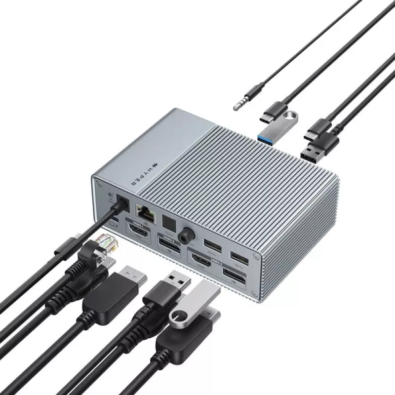 HyperDrive GEN2 HDG215-EUZ 15-in-1 USB-C dokošanas stacija, 2x HDMI, 2x DisplayPort, 100W Power Delivery, sudraba krāsā