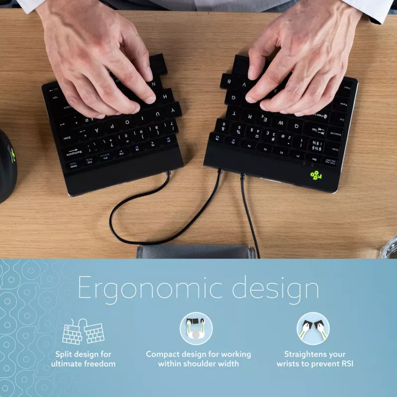 R-Go Tools ergonomiskā tastatūra R-Go Split Break v2 ar pārtraukuma programmatūru, ergonomiska sadalīta tastatūra, QWERTZ (DE), vadu, melna