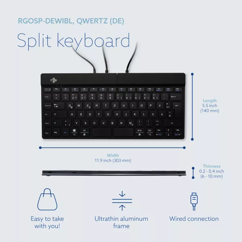 R-Go Tools ergonomiskā tastatūra R-Go Split Break v2 ar pārtraukuma programmatūru, ergonomiska sadalīta tastatūra, QWERTZ (DE), vadu, melna
