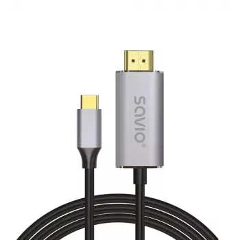 USB-C uz HDMI 2.0b kabelis SAVIO CL-171 — 2 m, USB-C vīriešu uz HDMI Type A vīriešu, 4K 4096×2160, sudraba kabelis ar melniem un zelta galiem