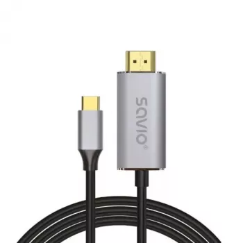 USB-C uz HDMI 2.0b kabelis SAVIO CL-171 — 2 m, USB-C vīriešu uz HDMI Type A vīriešu, 4K 4096×2160, sudraba kabelis ar melniem un zelta galiem