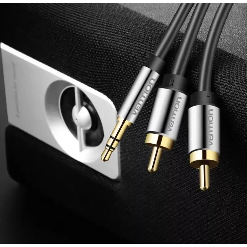 Audio kabelis Vention BCFBJ 2 x RCA uz 3.5 mm mini-jack, 5 m, melns, apzeltīti kontakti, PVC apvalks