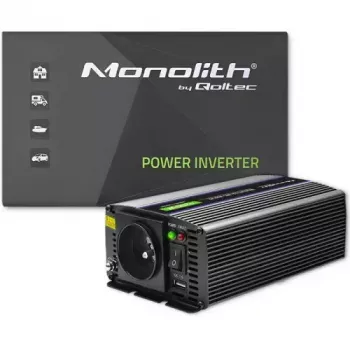 Strāvas invertors QOLTEC Monolith 600 W — 12 V uz 230 V, USB PD 18 W, auto/telpām, melns