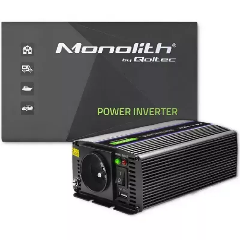 Strāvas invertors QOLTEC Monolith 600 W — 12 V uz 230 V, USB PD 18 W, auto/telpām, melns