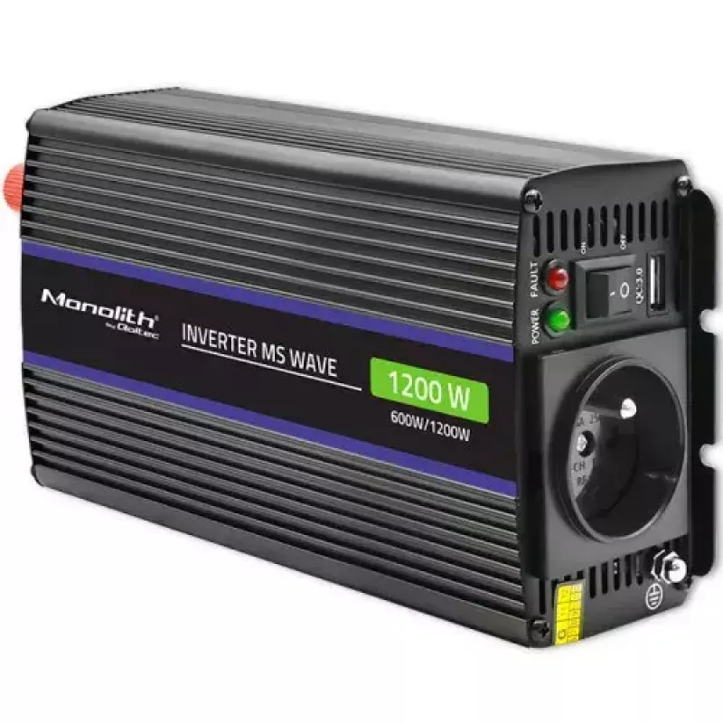 Strāvas invertors QOLTEC Monolith 600 W — 12 V uz 230 V, USB PD 18 W, auto/telpām, melns