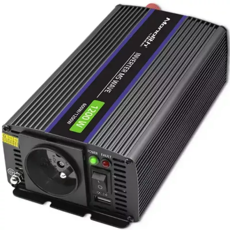 Strāvas invertors QOLTEC Monolith 600 W — 12 V uz 230 V, USB PD 18 W, auto/telpām, melns